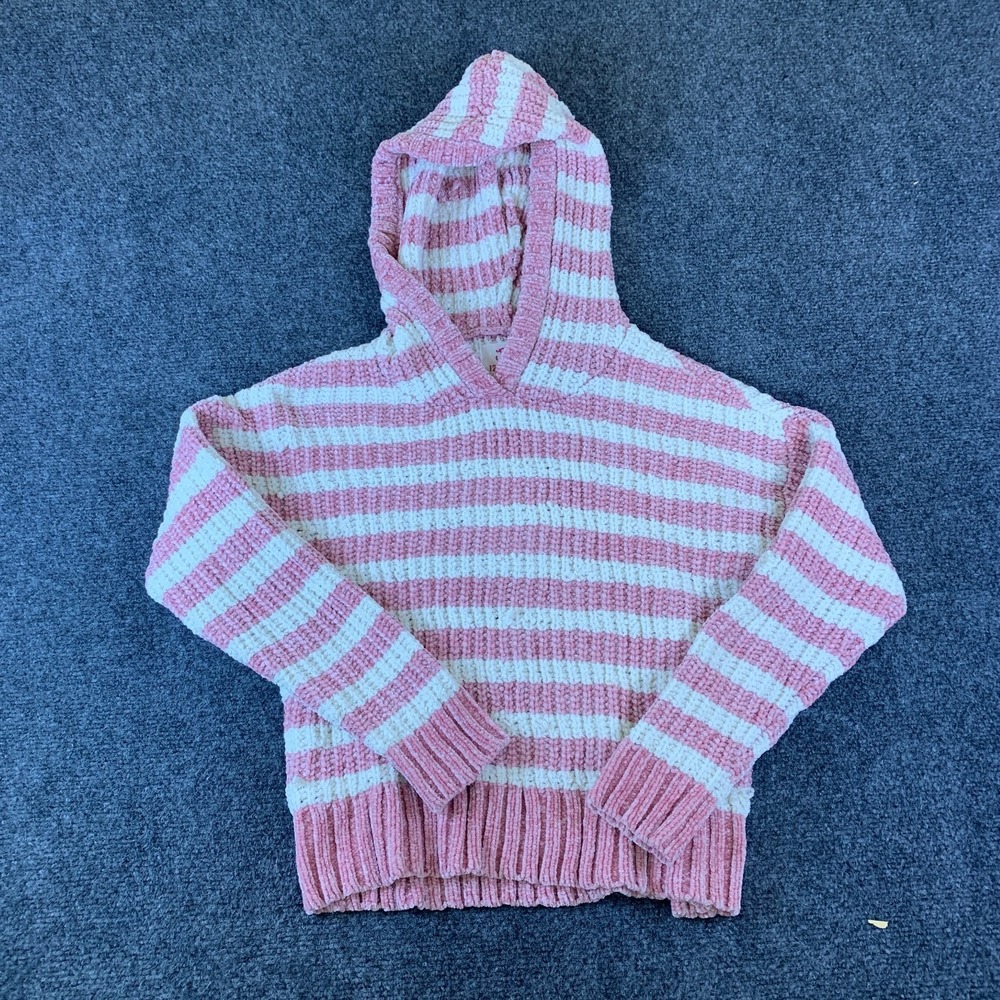 Justice Sweater Hoodie Girls 12 Pink White Striped Chenille Knit Pullover Cozy